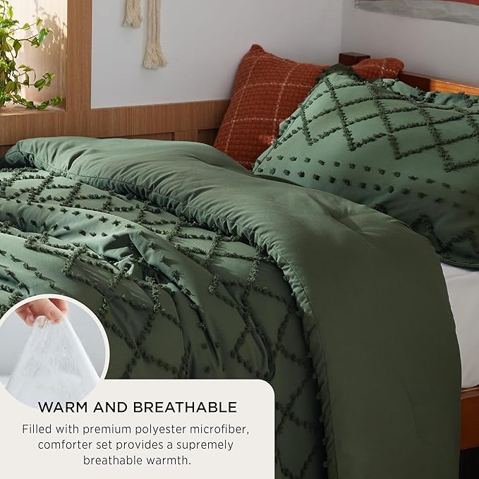 Bedsure Twin/Twin XL Comforter Set - Olive Green Boho Twin Extra Long Comforter Set for College, Shabby Chic Dorm Bedding Set, 2 Pieces Modern Farmhouse Bed Set, includes 1 Pillow Sham - LeafyLoom