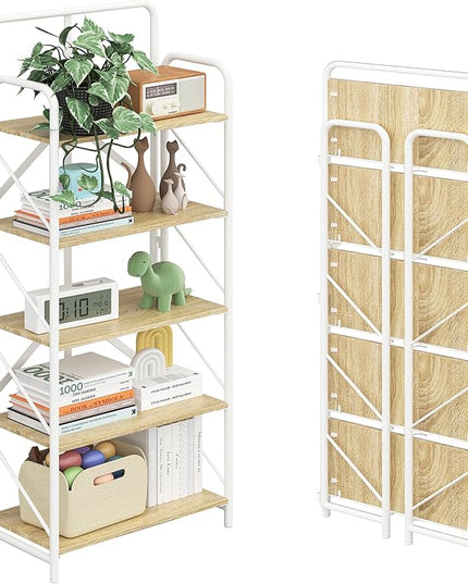 JSB No Assembly Folding Bookshelf, 5 Tier Industrial Metal Book Shelf for Storage, Vintage Wood foldable Bookcase for Living Room, Bedroom, Office Organization Shelves - LeafyLoom