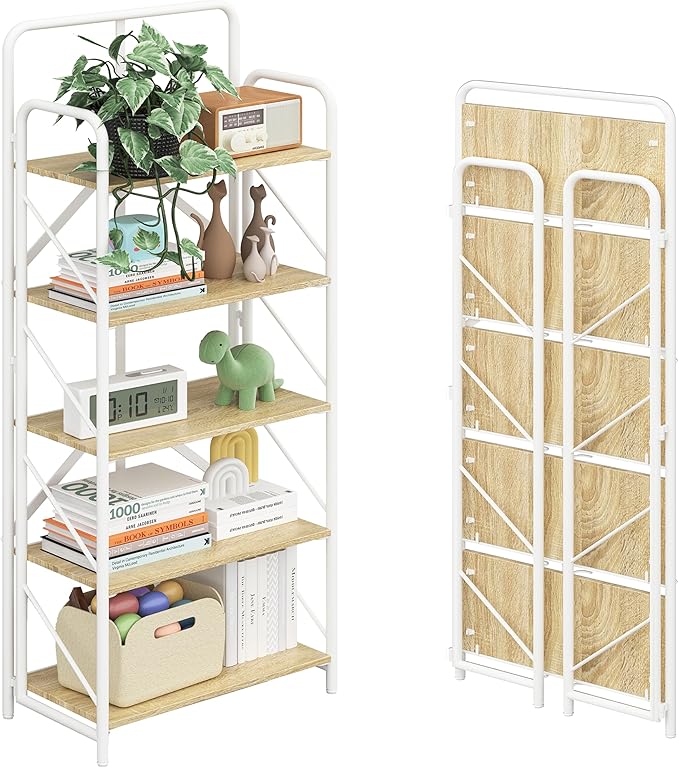 JSB No Assembly Folding Bookshelf, 5 Tier Industrial Metal Book Shelf for Storage, Vintage Wood foldable Bookcase for Living Room, Bedroom, Office Organization Shelves - LeafyLoom