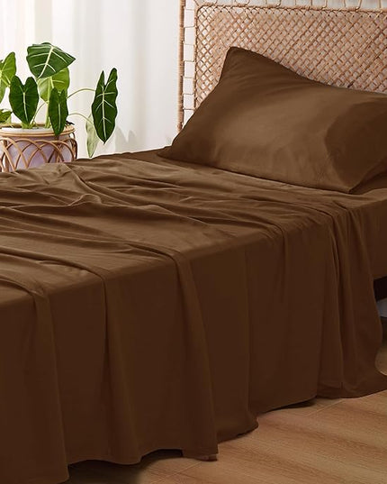 Bedsure Twin XL Sheet Set Dorm Bedding, Cooling Sheets Twin Extra Long Sheets, Rayon Derived from Bamboo, Deep Pocket Up to 16", Hotel Luxury Silky Bedding Sheets & Pillowcases, Brown - LeafyLoom