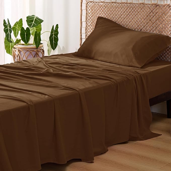 Bedsure Twin XL Sheet Set Dorm Bedding, Cooling Sheets Twin Extra Long Sheets, Rayon Derived from Bamboo, Deep Pocket Up to 16", Hotel Luxury Silky Bedding Sheets & Pillowcases, Brown - LeafyLoom