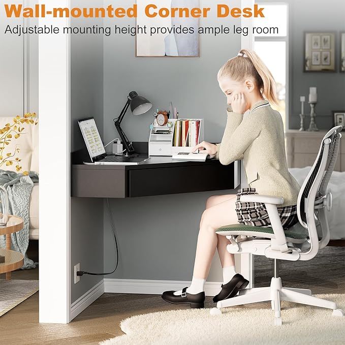 armocity Triangular Computer Desk with Outlets, Wall-Mounted Desk for Small Space, Floating Corner Table with Drawer, USB Ports, Home Office, Bedroom, Black - LeafyLoom