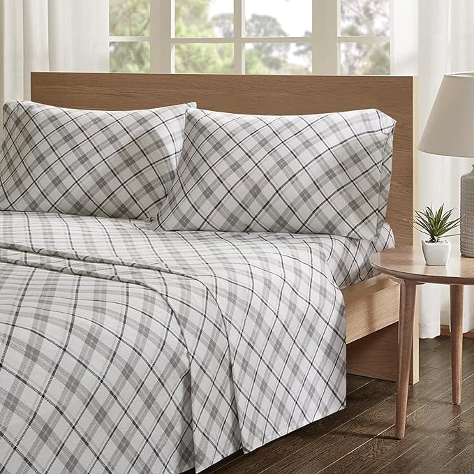 Comfort Spaces Cotton Flannel Breathable Warm Deep Pocket Sheets with Pillow Case Bedding, Queen, Grey Plaid 4 Piece - LeafyLoom