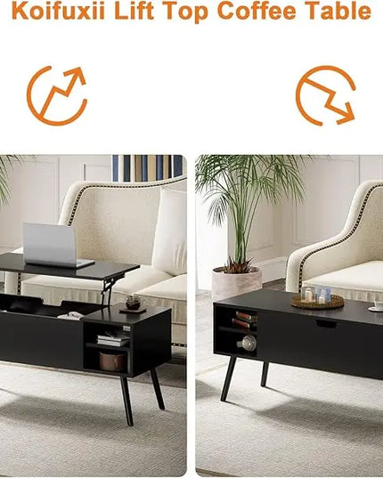 Coffee Table Lift Top - Black Coffee Table with Lifting Top and Hide Compartment Storage - Rectangle Coffee Table Wood - Lift up Coffee Tables for Living Room - LeafyLoom