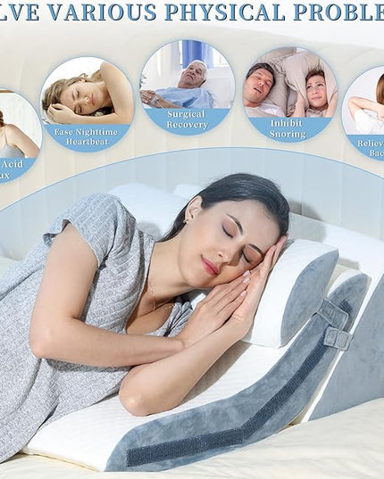 Bed Wedge Pillow for Sleeping 3PCS, 20-in-1 Adjustable Memory Foam Wedge Pillow for Acid Reflux, 3-in-1 Incline Wedge Pillow for After Surgery, Snoring, Back Pain(Grey) - LeafyLoom