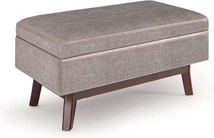 SIMPLIHOME Owen 36 Inch Wide Mid Century Modern Rectangular Coffee Table Lift Top Storage Ottoman in Upholstered Distressed Grey Taupe Faux Leather, For the Living Room - LeafyLoom