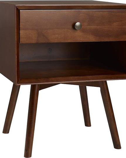 Walker Edison Mid Century Modern Wood Nightstand Side Table Bedroom Storage Drawer and Shelf Bedside End Table, 1 Drawer, Walnut - LeafyLoom