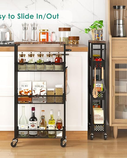 Slim Storage Cart 4 Tier Narrow Kitchen Rolling Cart on Wheels for Small Space, Mobile Utility Cart Shelving Unit with Wooden Top and Metal Handle for Kitchen, Bathroom, Laundry Room - LeafyLoom