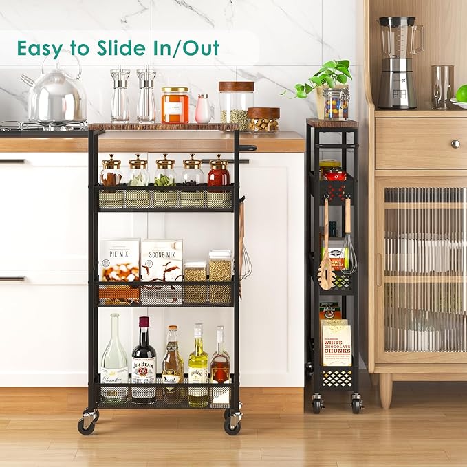 Slim Storage Cart 4 Tier Narrow Kitchen Rolling Cart on Wheels for Small Space, Mobile Utility Cart Shelving Unit with Wooden Top and Metal Handle for Kitchen, Bathroom, Laundry Room - LeafyLoom
