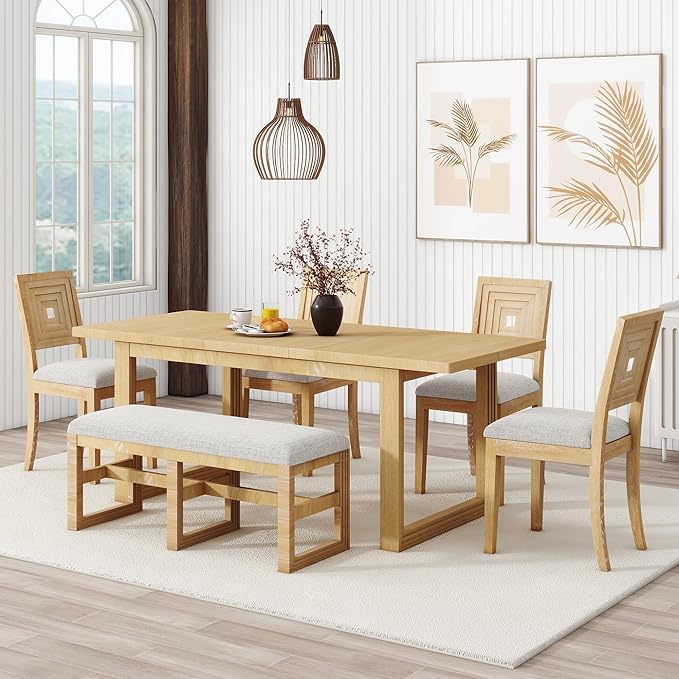 6-Piece Farmhouse Wood Extendable Dining Table Set with 18" Butterfly Leaf, 4 Upholstered Chairs and Versatile Long Bench, for Kitchen Room Furniture, Natural, 60"-78" L x 36" W x 30" H - LeafyLoom