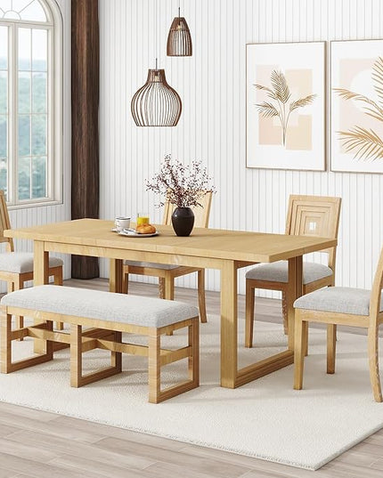 6-Piece Dining Set, Wood Extendable 78inch Kitchen Table with 18" Butterfly Leaf, 4 Upholstered Chairs & Long Bench, Natural, 60"-78" L x 36" W x 30" H - LeafyLoom