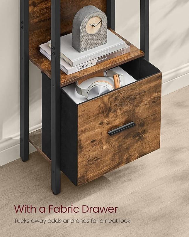 VASAGLE 5-Tier Bookshelf, Book Shelf with Drawer, Industrial Bookcase, with Steel Frame, for Living Room, Home Office, Bedroom, 9.4 x 23.6 x 65 Inches, Rustic Brown and Black ULLS147B01 - LeafyLoom