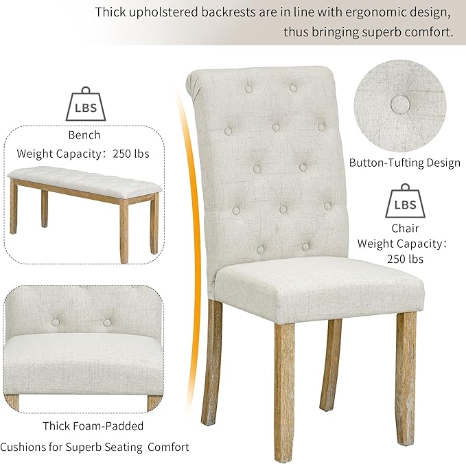 6-Piece Retro Style Rectangular Dining Table Set with Unique Legs and 4 Upholstered Chairs & 1 Bench for Kitchen, Breakfast Nook, Living Room, Natural Wood Wash, 59.8" L x 35.8" W x 30" H - LeafyLoom