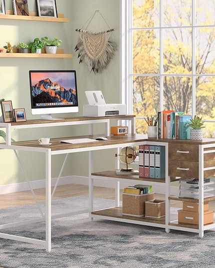 Reversible L-Shaped Computer Desk with hutch & Shelf,white - LeafyLoom