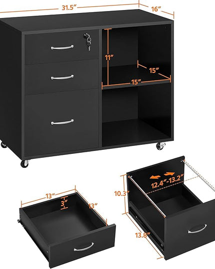 Yaheetech Black File Cabinet with Lock for Letter, A4 Size,3 Drawer Lateral Filing Cabinet Printer Stand with Open Storage Compartments,Mobile Filing Cabinet for Home Office, Black - LeafyLoom