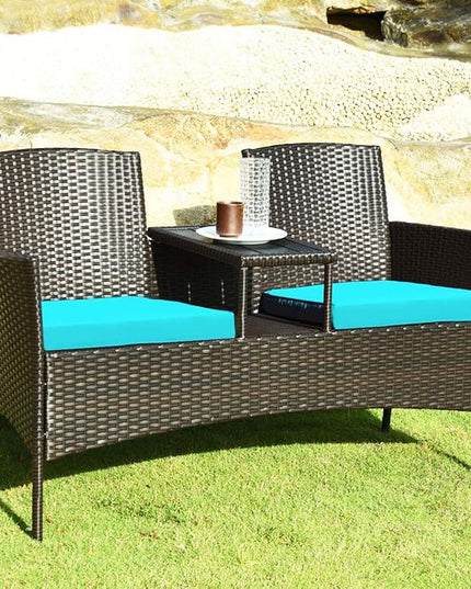 LUARANE Outdoor Rattan Sofas, Contract Patio Conversation Set Wicker Sofa Set with Built-in Coffee Table, Patio Furniture Set with Cushions, Rattan Loveseat for Lawn Backyard Garden (Brown+Blue) - LeafyLoom