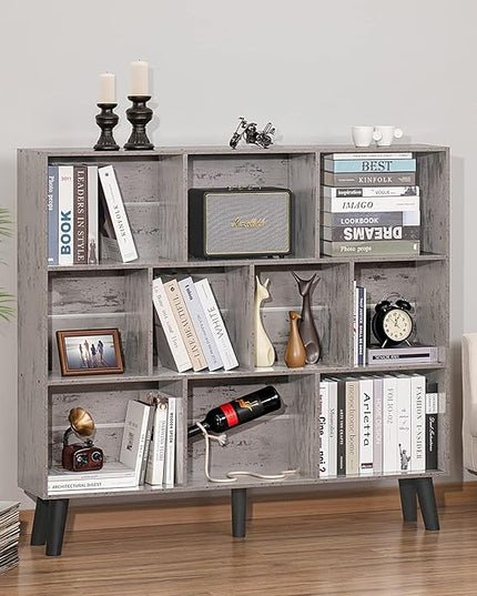 LEYAOYAO 10 Cube Bookshelf,3 Tier Modern Wide Bookcase with Legs,Mid-Century Wood Bookshelves Storage，Retro Grey Large Book Case,Freestanding Organizer Display Shelf for Bedroom,Living Room,Office - LeafyLoom