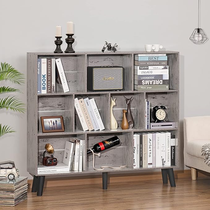LEYAOYAO 10 Cube Bookshelf,3 Tier Modern Wide Bookcase with Legs,Mid-Century Wood Bookshelves Storage，Retro Grey Large Book Case,Freestanding Organizer Display Shelf for Bedroom,Living Room,Office - LeafyLoom