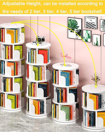 5 Tier Rotating Bookshelf 360° Revolving Bookcase Modern Tall Book Shelf Storage Display Rack Floor Standing Shelves with Baffle for Home Living Room Study Office White 63''X18''X18'' - LeafyLoom