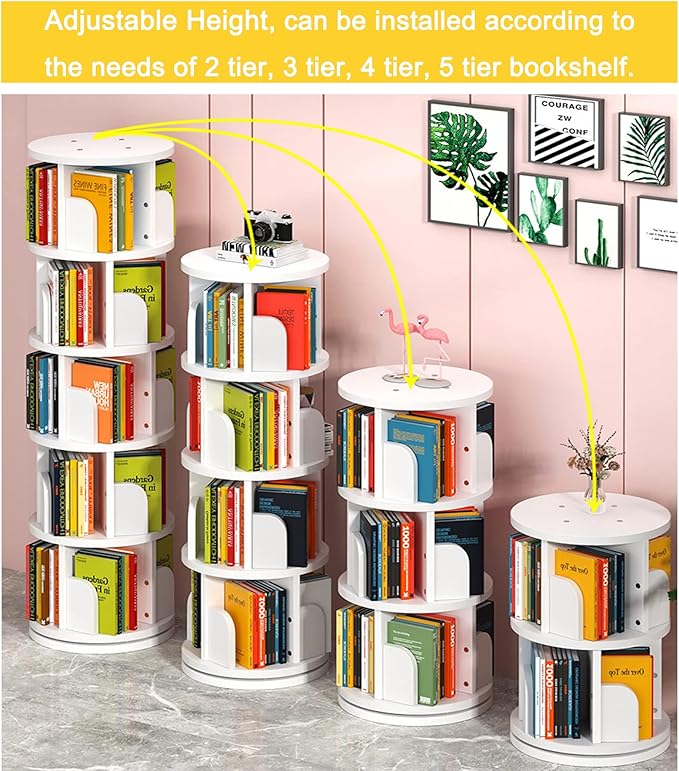 5 Tier Rotating Bookshelf 360° Revolving Bookcase Modern Tall Book Shelf Storage Display Rack Floor Standing Shelves with Baffle for Home Living Room Study Office White 63''X18''X18'' - LeafyLoom
