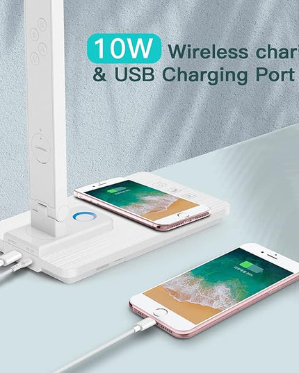LAOPAO LED Desk Lamp with Wireless Charger, USB Charging Port, Sliding Dimmable Auto Timer Table Lamp with Night Light, Desk Lights with Clock for Study Reading Home Office - LeafyLoom