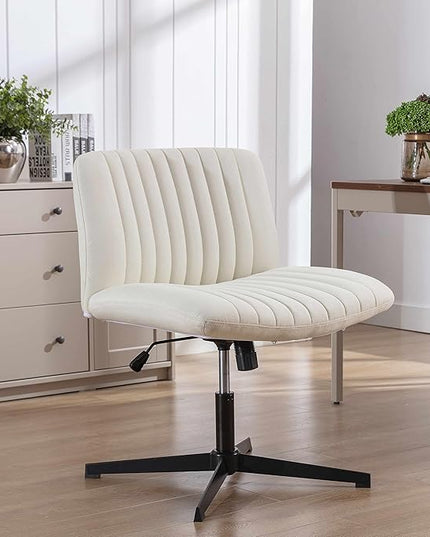 FELICE Cross Legged Armless Wide Seat Chair Fabri Padded Height Adjustable for Home Office Desk Makeup, Beige - LeafyLoom