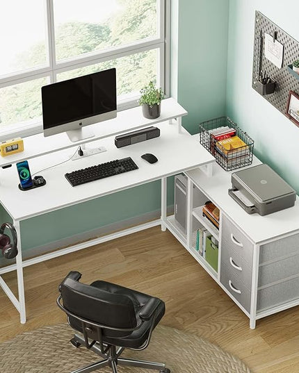 Seventable L Shaped Computer Desk with Drawers, Reversible Gaming Desk with LED Lights & Charging Port, Corner Desk with Storage Shelves & Monitor Stand for Home Office White - LeafyLoom