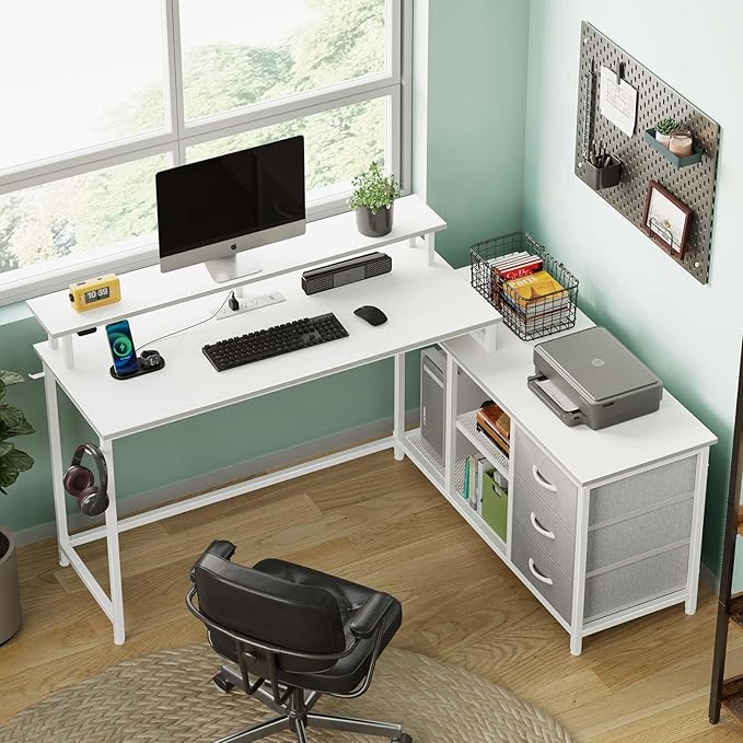 Seventable L Shaped Computer Desk with Drawers, Reversible Gaming Desk with LED Lights & Charging Port, Corner Desk with Storage Shelves & Monitor Stand for Home Office White - LeafyLoom