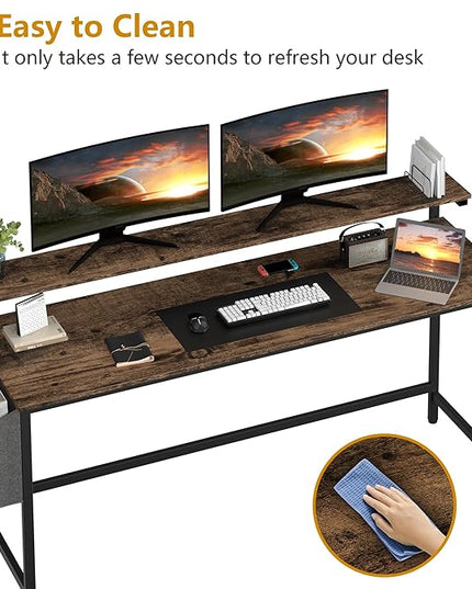 Shintenchi 63 inch Computer Desk with Monitor Stand, Stable Design Writing Desk, Study Workstation Home Office Table with Storage Bag & Hook, Vintage Brown - LeafyLoom