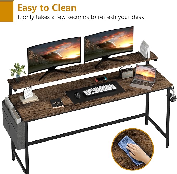 Shintenchi 63 inch Computer Desk with Monitor Stand, Stable Design Writing Desk, Study Workstation Home Office Table with Storage Bag & Hook, Vintage Brown - LeafyLoom