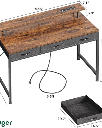 47 inch Computer Desk with 3 Drawers, Office Desk Gaming Desk with LED Lights & Power Outlets, Home Office Desks with Storage Space for Bedroom, Work from Home, Rustic Brown - LeafyLoom