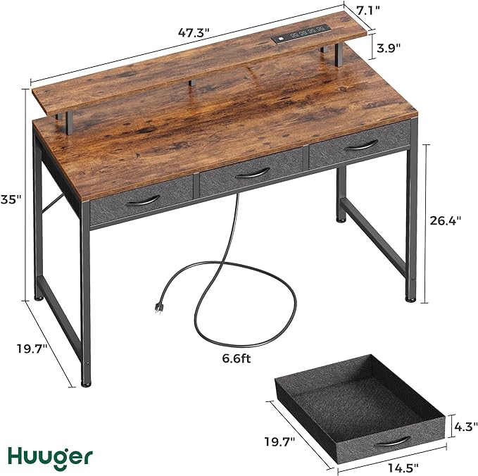 47 inch Computer Desk with 3 Drawers, Office Desk Gaming Desk with LED Lights & Power Outlets, Home Office Desks with Storage Space for Bedroom, Work from Home, Rustic Brown - LeafyLoom