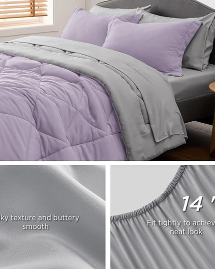 Bedsure Light Purple Full Size Comforter Set - 7 Pieces Reversible Full Bed in a Bag, Full Bed Set Light Purple and Grey with Comforters, Sheets, Pillowcases & Shams - LeafyLoom