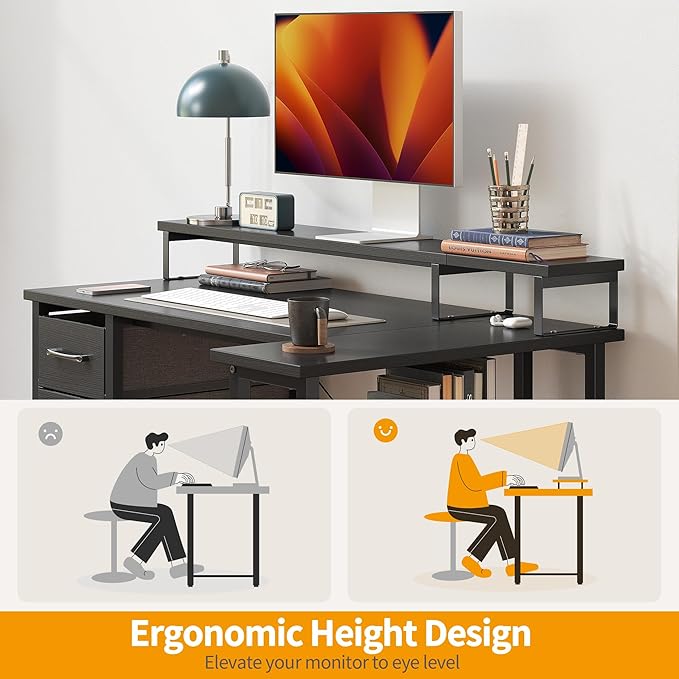 CubiCubi L Shaped Computer Desk with Monitor Stand & Shelves, 47 Inch Corner Home Office Desk Writing Table with Storage Drawer, Blck - LeafyLoom