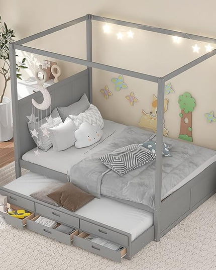 Queen Size Canopy Platform Bed with Twin Trundle and Three Storage Drawers, Wooden Daybed Frame Beds for Kids Teens Boys Girls,Gray - LeafyLoom