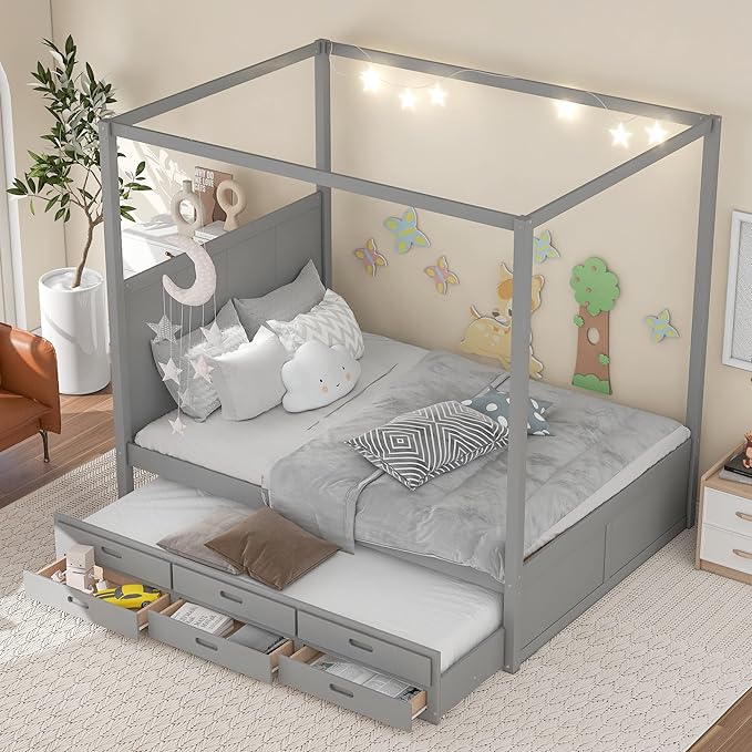 Queen Size Canopy Platform Bed with Twin Trundle and Three Storage Drawers, Wooden Daybed Frame Beds for Kids Teens Boys Girls,Gray - LeafyLoom