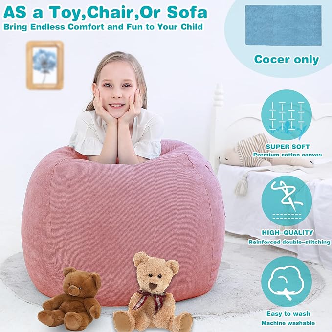 Stuffed Animal Storage Bean Bag Chair Cover (No Filler) for Kids and Adults.Soft Premium Corduroy Stuffable Beanbag for Organizing Children Plush Toys or Memory Foam Small 100L (Pink) - LeafyLoom