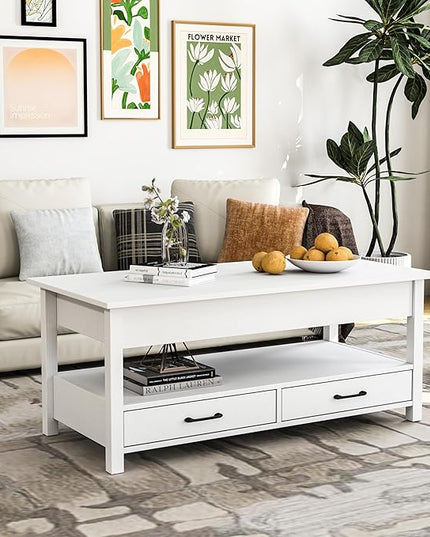 Panana Coffee Table, Lift Top Coffee Table with Hidden Compartment, 2 Drawers and 1 Open Shelf, Retro Central Wooden Table Lift Tabletop for Living Room (White) - LeafyLoom