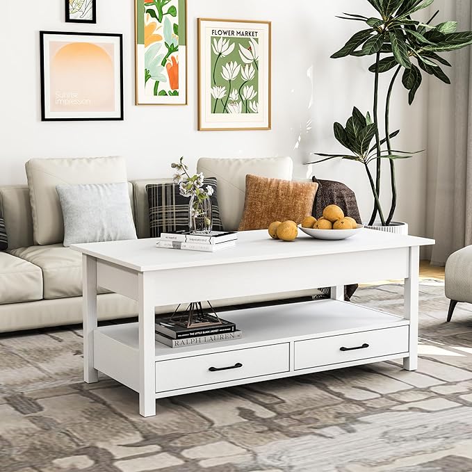 Panana Coffee Table, Lift Top Coffee Table with Hidden Compartment, 2 Drawers and 1 Open Shelf, Retro Central Wooden Table Lift Tabletop for Living Room (White) - LeafyLoom