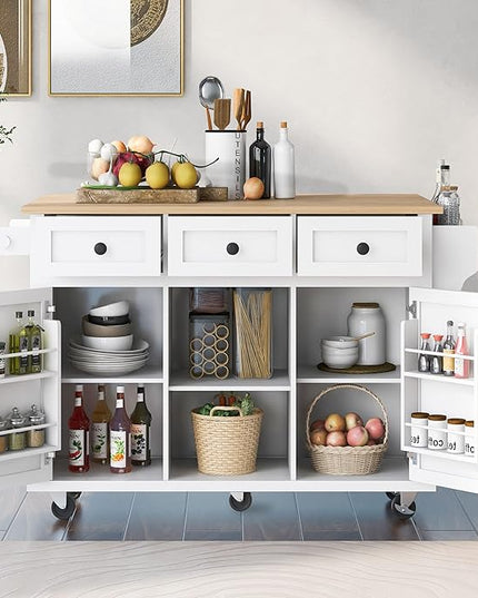 Kitchen Island with Storage on Wheels,Rolling Kitchen Island Cart w/Drop Leaf Countertop,Portable Rolling Cart with 3 Drawers&Tower Rack for Kitchen Dinning Room - LeafyLoom