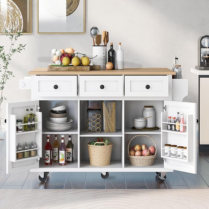 Kitchen Island with Storage on Wheels,Rolling Kitchen Island Cart w/Drop Leaf Countertop,Portable Rolling Cart with 3 Drawers&Tower Rack for Kitchen Dinning Room - LeafyLoom