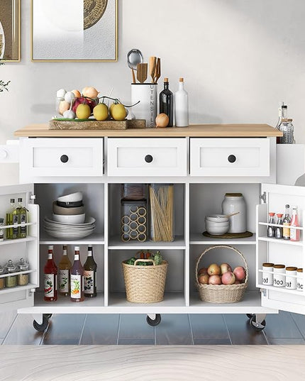 Cart with Drop-Leaf Countertop, Kitchen Island on 5 Universal Wheels with Open Shelves, Storage Cabinet and 3 Drawers, Large Rubberwood Top Breakfast Bar for Dining Room, White, 53.1 Inch - LeafyLoom