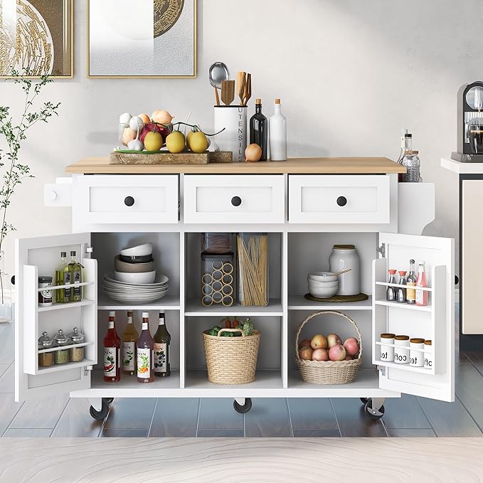 Cart with Drop-Leaf Countertop, Kitchen Island on 5 Universal Wheels with Open Shelves, Storage Cabinet and 3 Drawers, Large Rubberwood Top Breakfast Bar for Dining Room, White, 53.1 Inch - LeafyLoom