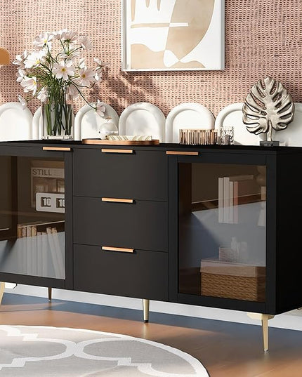 GIA Home Furniture Series Modern MDF Buffet Sideboard with 2 Doors,3 Drawers,Accent Storage Cabinets with Metal Handles for Kitchen,Dinning,Living Room, 63 Inch, Black Finish - LeafyLoom