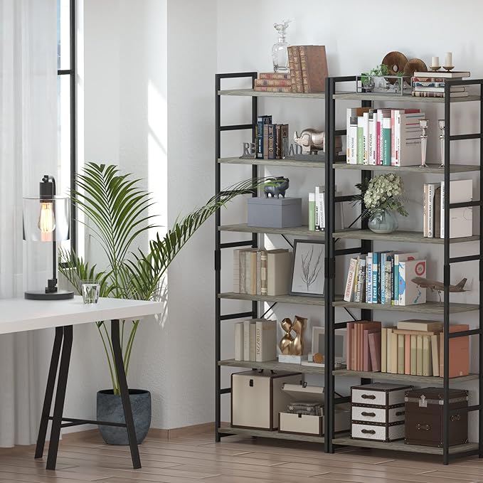 NUMENN 6 Tier Bookshelf, Tall Bookcase Shelf Storage Organizer, Modern Book Shelf for Bedroom, Living Room and Home Office, Grey - LeafyLoom