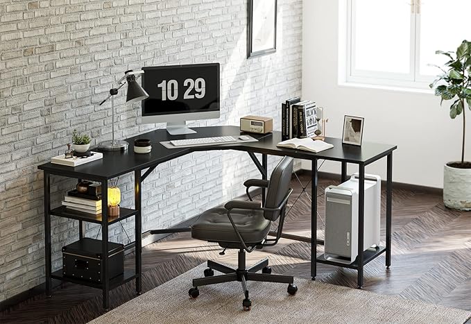 BANTI L Shaped Desk with Shleves, 60" Large Corner Desk with Two Storage, Space Saving, Easy to Assemble, Black - LeafyLoom