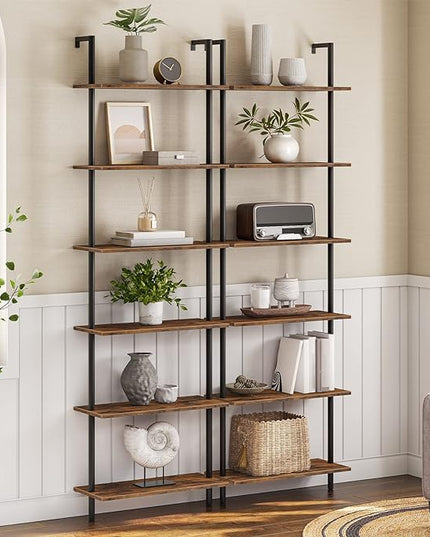 HOOBRO DIY Ladder Shelf, 6-Tier Wall Mounted Bookshelf, Office Vertical Bookcase, Wooden Storage Shelves for Home Office, Bedroom, Rustic Brown and Black BF65CJ01 - LeafyLoom