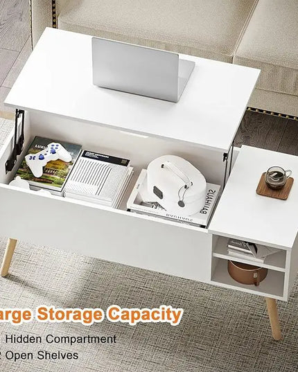 Coffee Table Lift Top - White Coffee Table with Lifting Top and Hide Compartment Storage - Lift Coffee Table Rectangle - Wood Coffee Tables for Living Room - LeafyLoom