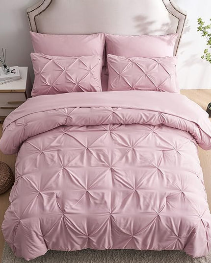 Ubauba 7pc Pink Queen Comforter Set, Pintuck Bed in a Bag Blush Bed Set with Comforters and Sheets 7 Piece, All Season Pinched Bedding Sets for Women (Pink,Queen Size) - LeafyLoom