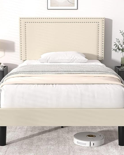 VECELO Twin Size Platform Bed Frame with Height Adjustable Upholstered Headboard, Modern Mattress Foundation,Strong Wood Slat Support, No Box Spring Needed, Easy Assembly - LeafyLoom